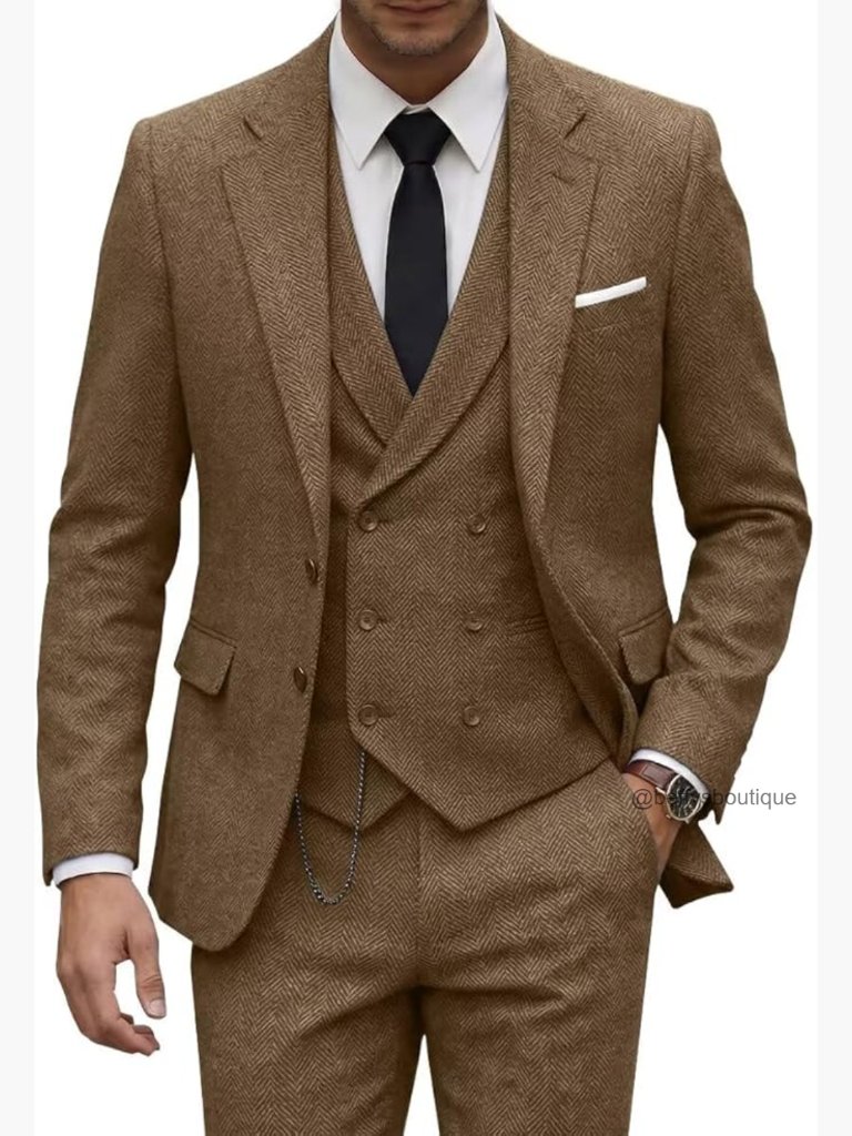 Men's Slim Fit 3-Piece Tweed Suit Set Blazer Vest Pants Wedding Business